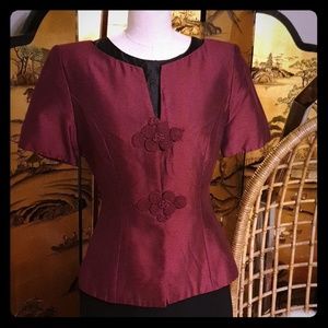 Vintage Asian-inspired burgundy silk jacket sz 4